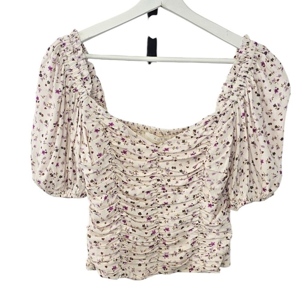 ASTR Ruched Short Sleeve Top, Smocked, Ditsy Floral, Puff Sleeve, Size Small